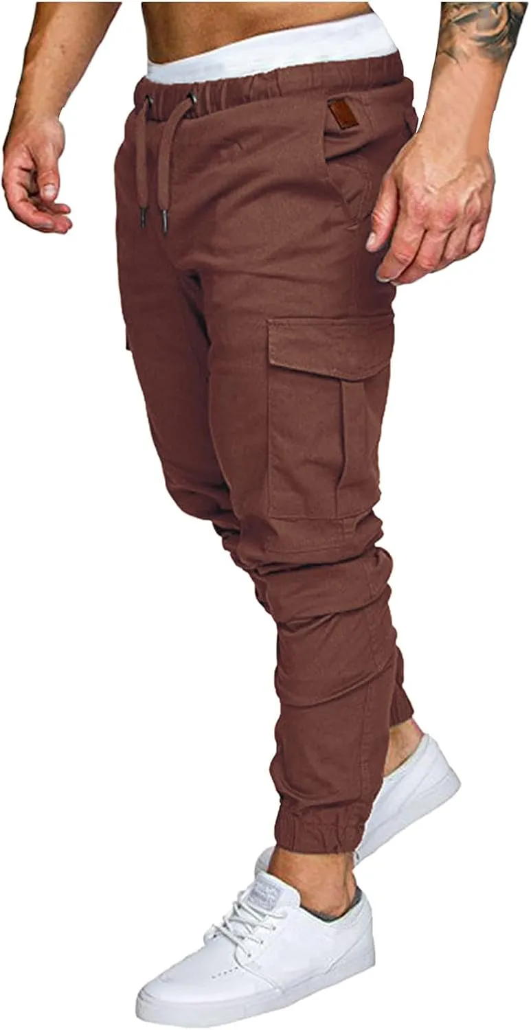 XUETON Mens Tapered Cargo Pants Slim Fit Chino Joggers Casual Work Trousers Sweatpants with Pockets and Drawstring Brown