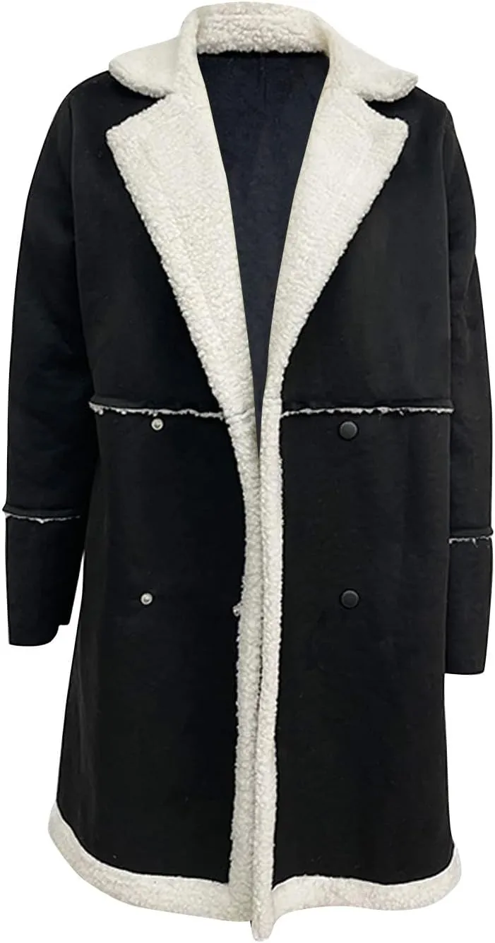 XUNRYAN Womens Trench Coats Long Sherpa Fleece Jacket Winter Warm Thicken Suede Jacket Notch Lapel Peacoat Shearling Parka