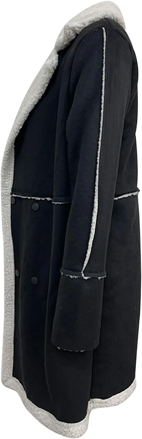 XUNRYAN Womens Trench Coats Long Sherpa Fleece Jacket Winter Warm Thicken Suede Jacket Notch Lapel Peacoat Shearling Parka