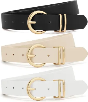 XZQTIVE 3 Pack Women Belts For Jeans Dresses Pants Ladies Leather Waist Belt with Gold Buckle