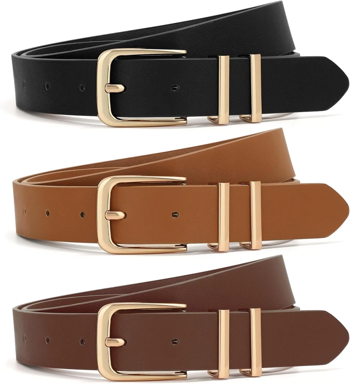 XZQTIVE 3 Pack Women Belts For Jeans Dresses Pants Ladies Leather Waist Belt with Gold Buckle