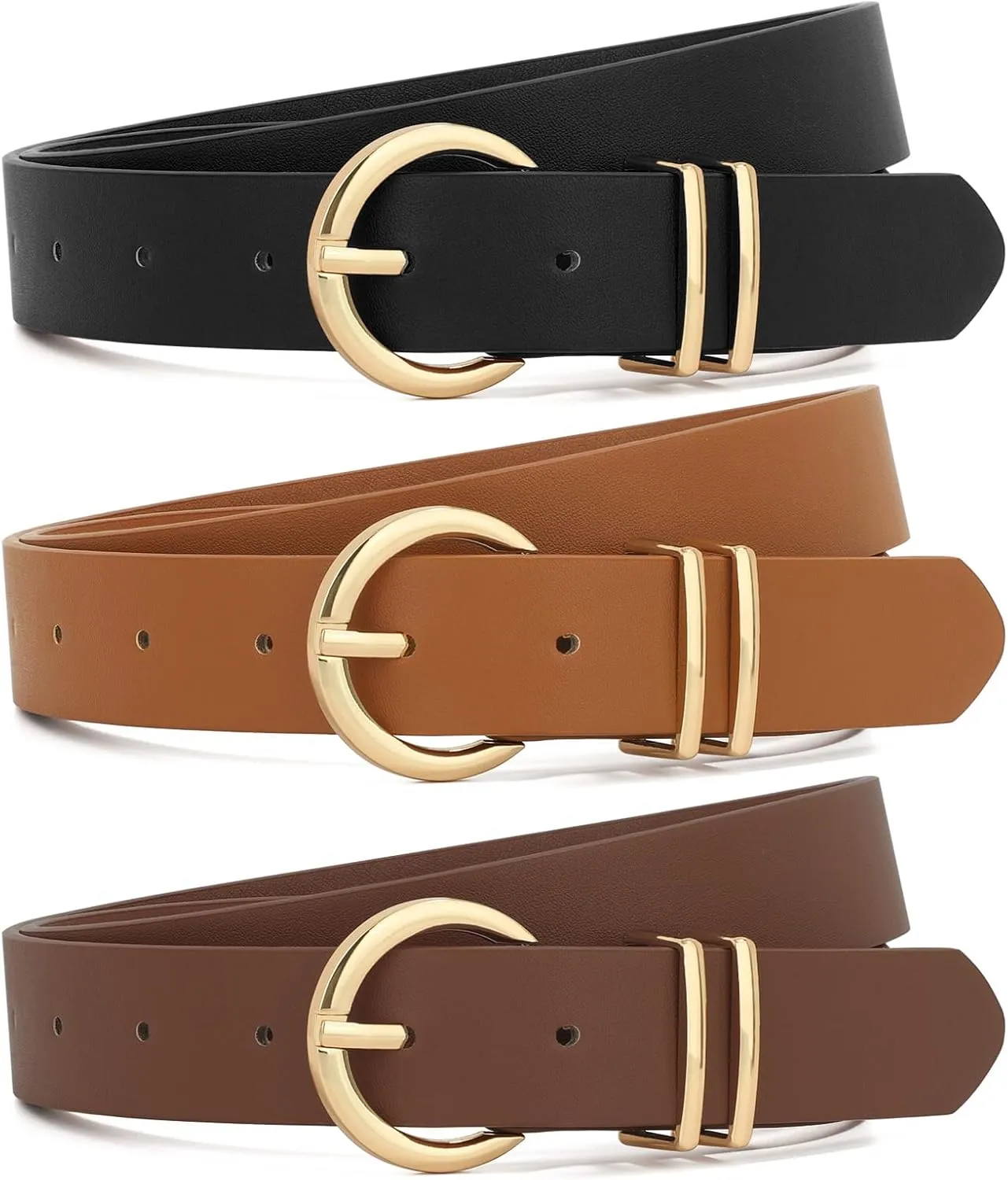 XZQTIVE 3 Pack Women Belts For Jeans Dresses Pants Ladies Leather Waist Belt with Gold Buckle