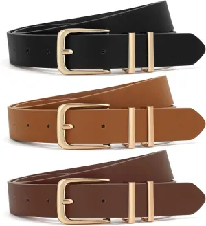 XZQTIVE 3 Pack Women Belts For Jeans Dresses Pants Ladies Leather Waist Belt with Gold Buckle