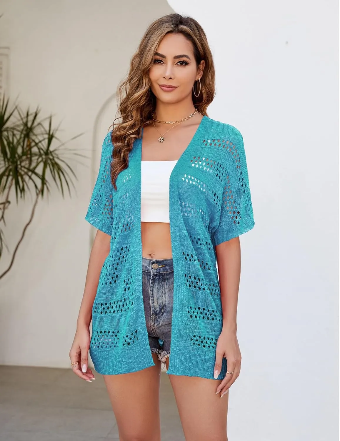 Yekaty Womens Lightweight Crochet Short Sleeve Cardigans Open Front Summer Sweaters Casual Boho Kimonos Cover Up