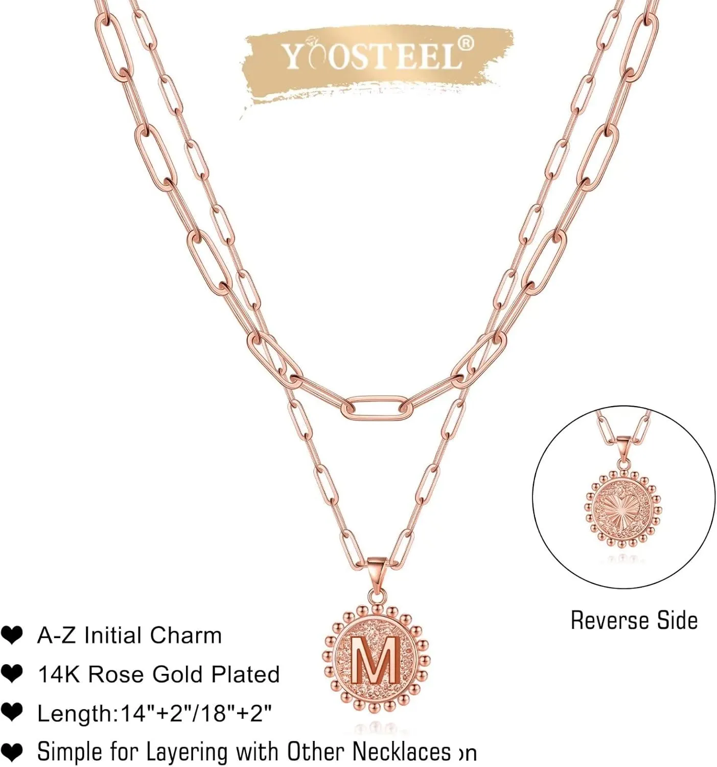 Yoosteel Gold Initial Necklaces for Women, 14K Gold Plated Dainty Layering Paperclip Link Chain Necklace Coin Initial Layered Necklaces for Women Personalized Birthday Gifts