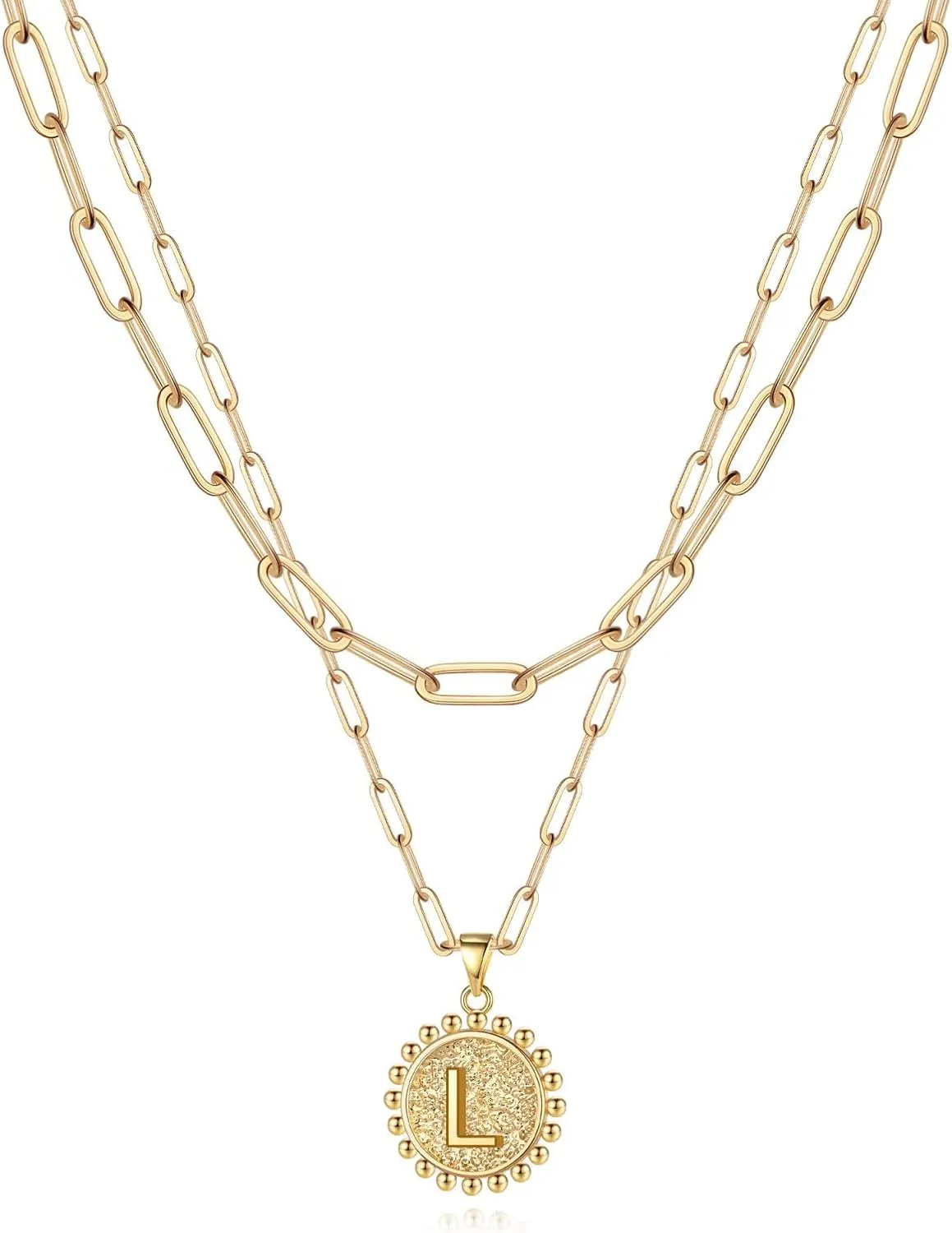 Yoosteel Gold Initial Necklaces for Women, 14K Gold Plated Dainty Layering Paperclip Link Chain Necklace Coin Initial Layered Necklaces for Women Personalized Birthday Gifts