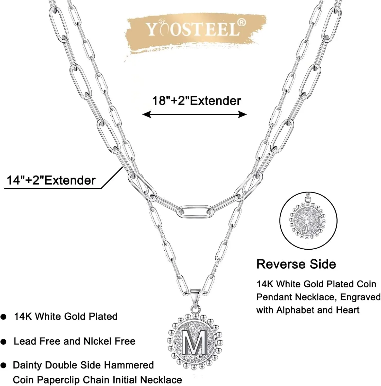 Yoosteel Gold Initial Necklaces for Women, 14K Gold Plated Dainty Layering Paperclip Link Chain Necklace Coin Initial Layered Necklaces for Women Personalized Birthday Gifts