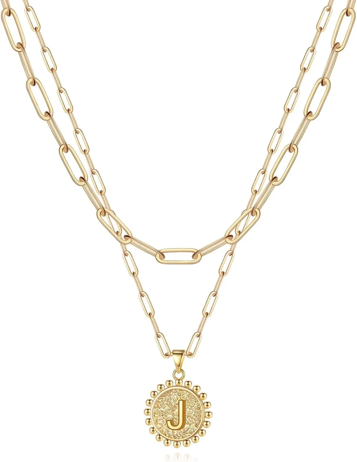 Yoosteel Gold Initial Necklaces for Women, 14K Gold Plated Dainty Layering Paperclip Link Chain Necklace Coin Initial Layered Necklaces for Women Personalized Birthday Gifts