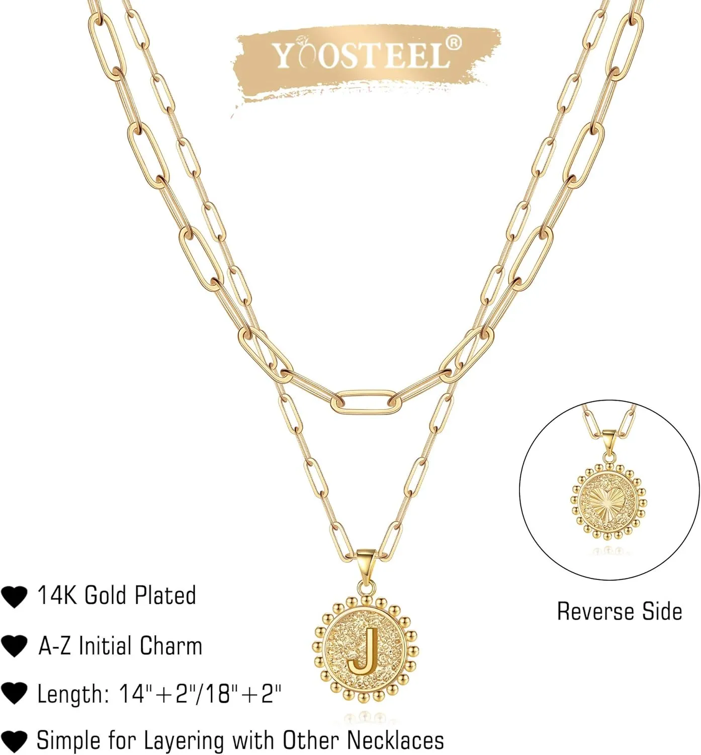Yoosteel Gold Initial Necklaces for Women, 14K Gold Plated Dainty Layering Paperclip Link Chain Necklace Coin Initial Layered Necklaces for Women Personalized Birthday Gifts