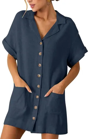 ZAFUL Women's Button Down Cotton Shirt Dress with Pockets, Short Sleeves V-Neck Collar Sundress Summer Break Beach 2025, M Navy Blue