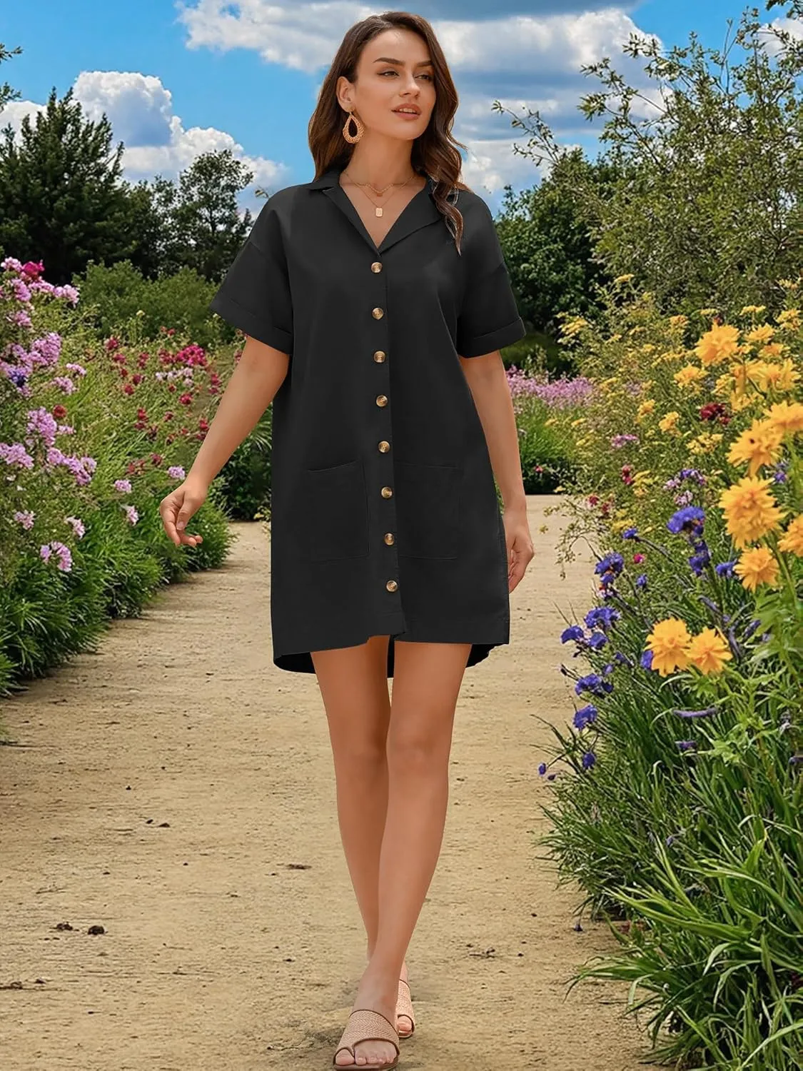 ZAFUL Women's Button Down Cotton Shirt Dress with Pockets, Short Sleeves V-Neck Collar Sundress Summer Break Beach 2025