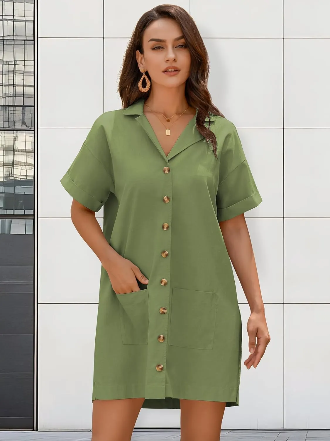 ZAFUL Women's Button Down Cotton Shirt Dress with Pockets, Short Sleeves V-Neck Collar Sundress Summer Break Beach 2025