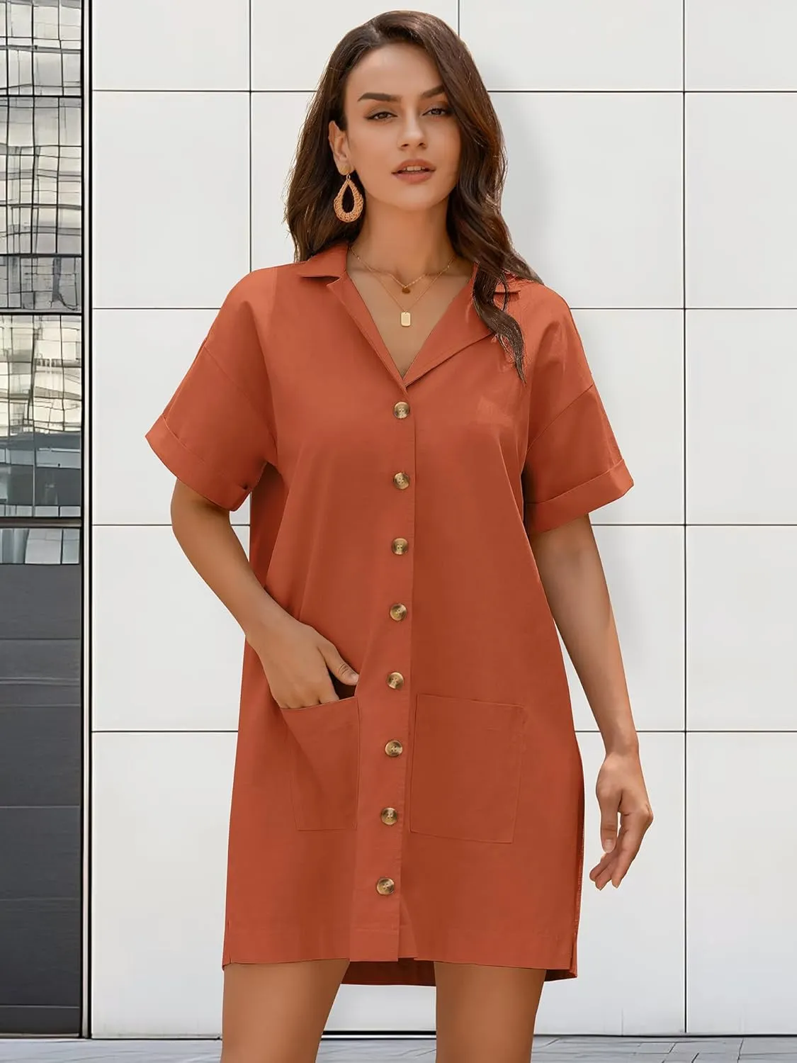 ZAFUL Women's Button Down Cotton Shirt Dress with Pockets, Short Sleeves V-Neck Collar Sundress Summer Break Beach 2025