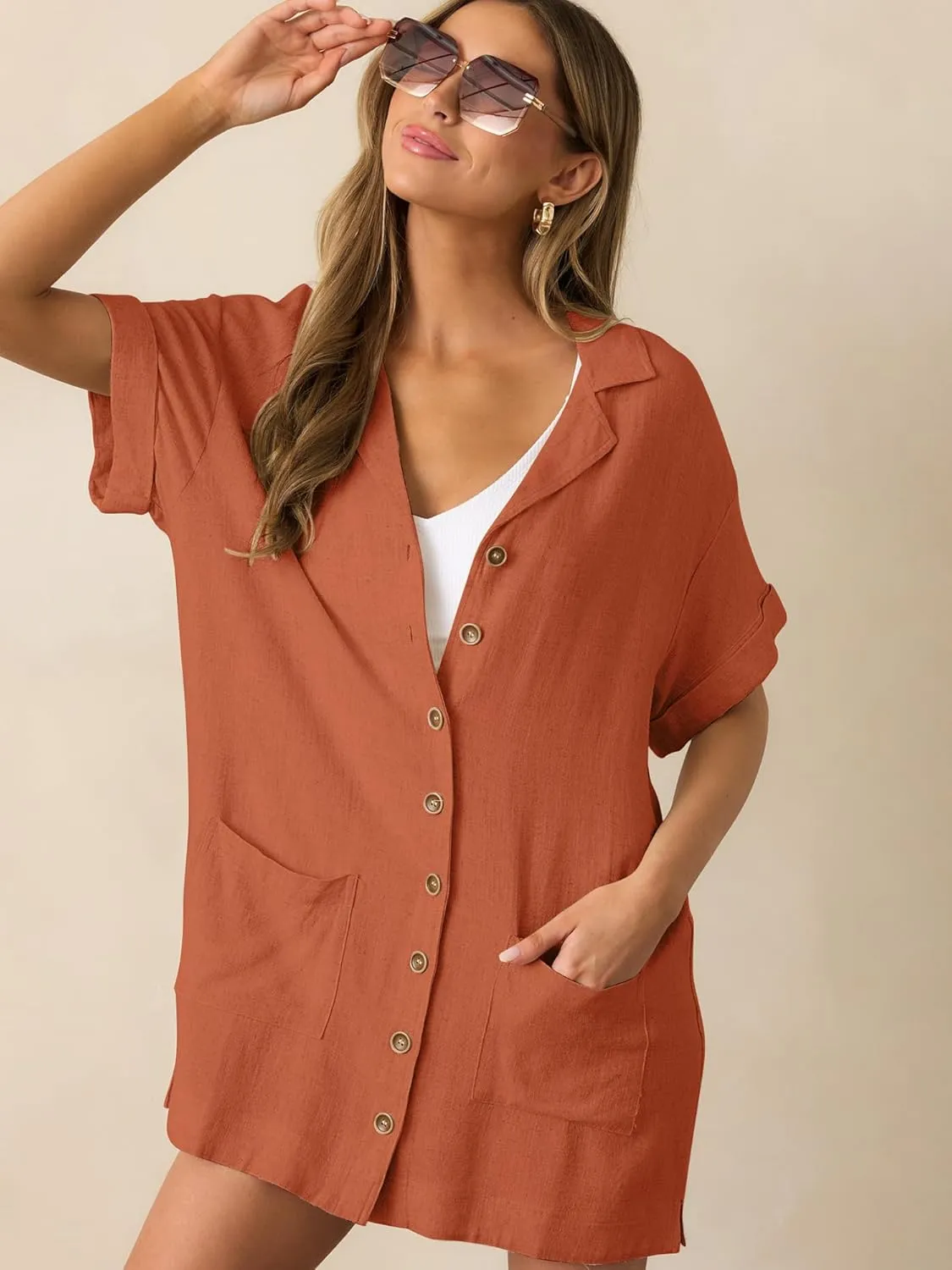 ZAFUL Women's Button Down Cotton Shirt Dress with Pockets, Short Sleeves V-Neck Collar Sundress Summer Break Beach 2025