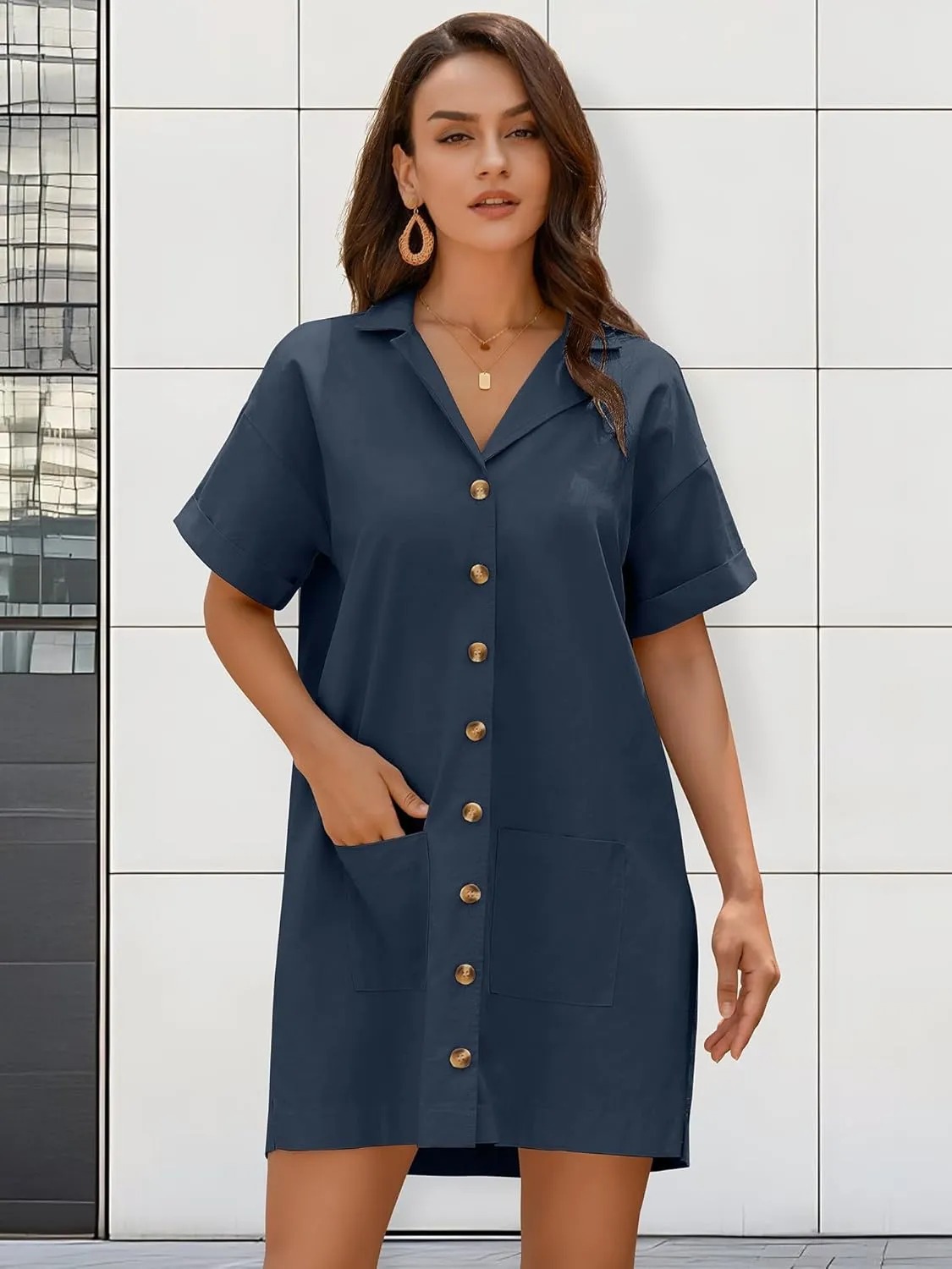 ZAFUL Women's Button Down Cotton Shirt Dress with Pockets, Short Sleeves V-Neck Collar Sundress Summer Break Beach 2025