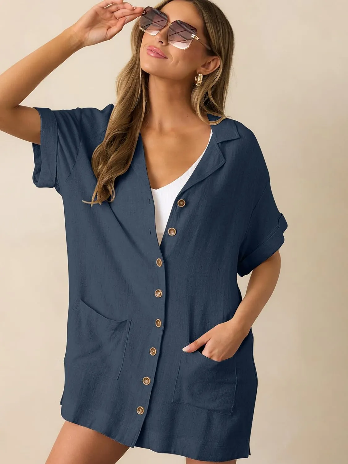 ZAFUL Women's Button Down Cotton Shirt Dress with Pockets, Short Sleeves V-Neck Collar Sundress Summer Break Beach 2025