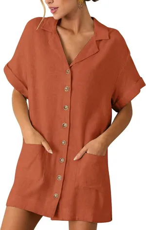 ZAFUL Women's Button Down Cotton Shirt Dress with Pockets, Short Sleeves V-Neck Collar Sundress Summer Break Beach 2025