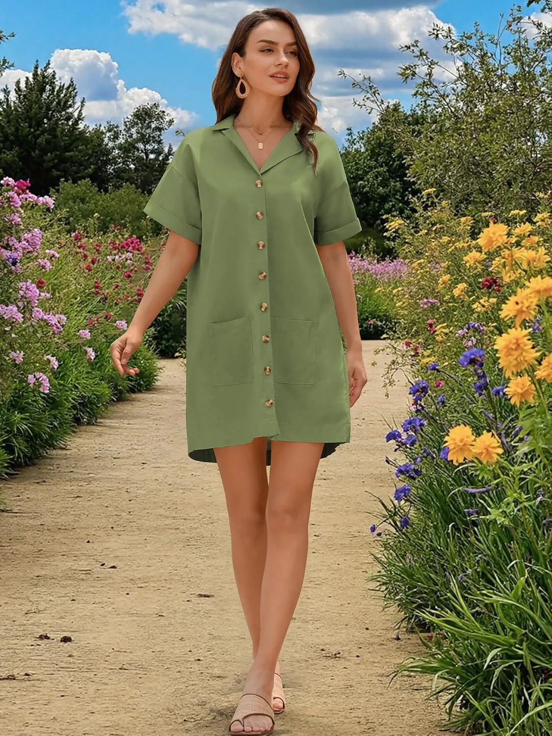 ZAFUL Women's Button Down Cotton Shirt Dress with Pockets, Short Sleeves V-Neck Collar Sundress Summer Break Beach 2025