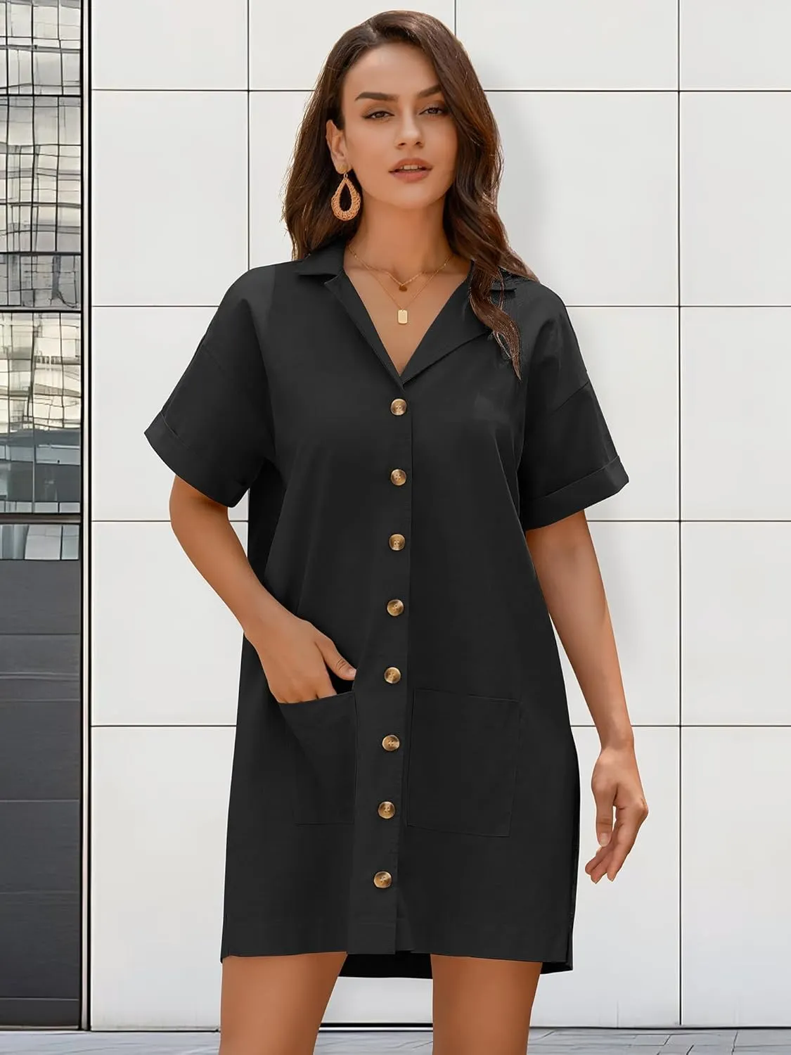 ZAFUL Women's Button Down Cotton Shirt Dress with Pockets, Short Sleeves V-Neck Collar Sundress Summer Break Beach 2025