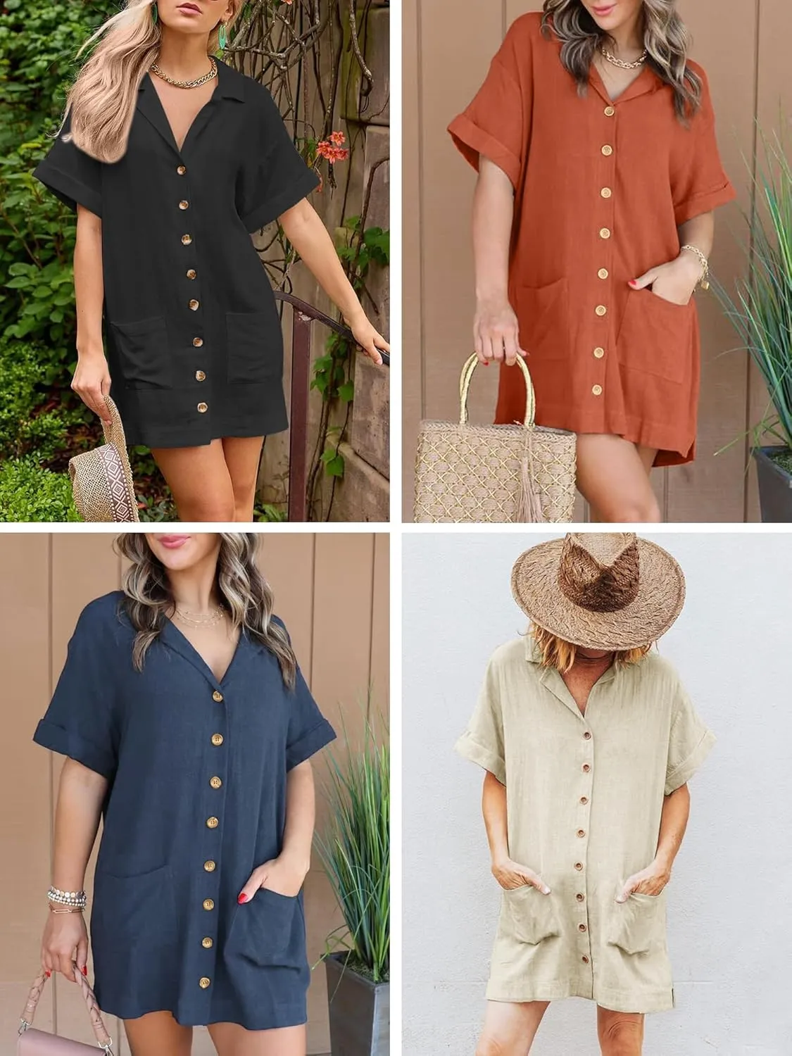 ZAFUL Women's Button Down Cotton Shirt Dress with Pockets, Short Sleeves V-Neck Collar Sundress Summer Break Beach 2025