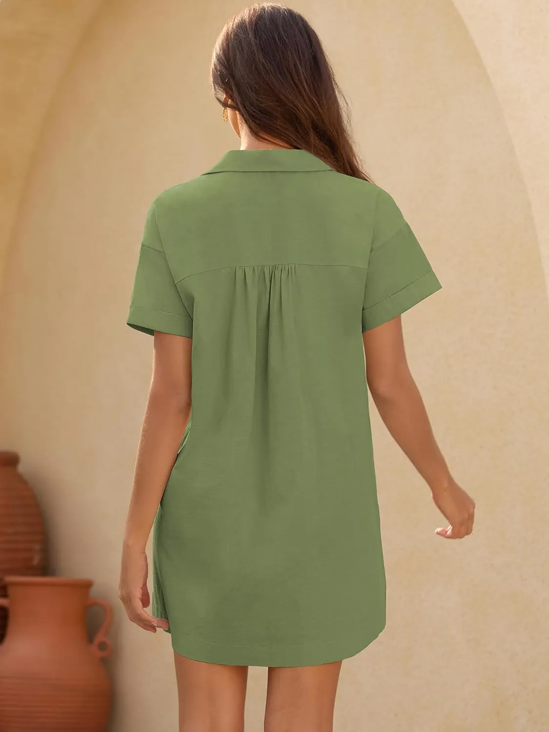 ZAFUL Women's Button Down Cotton Shirt Dress with Pockets, Short Sleeves V-Neck Collar Sundress Summer Break Beach 2025