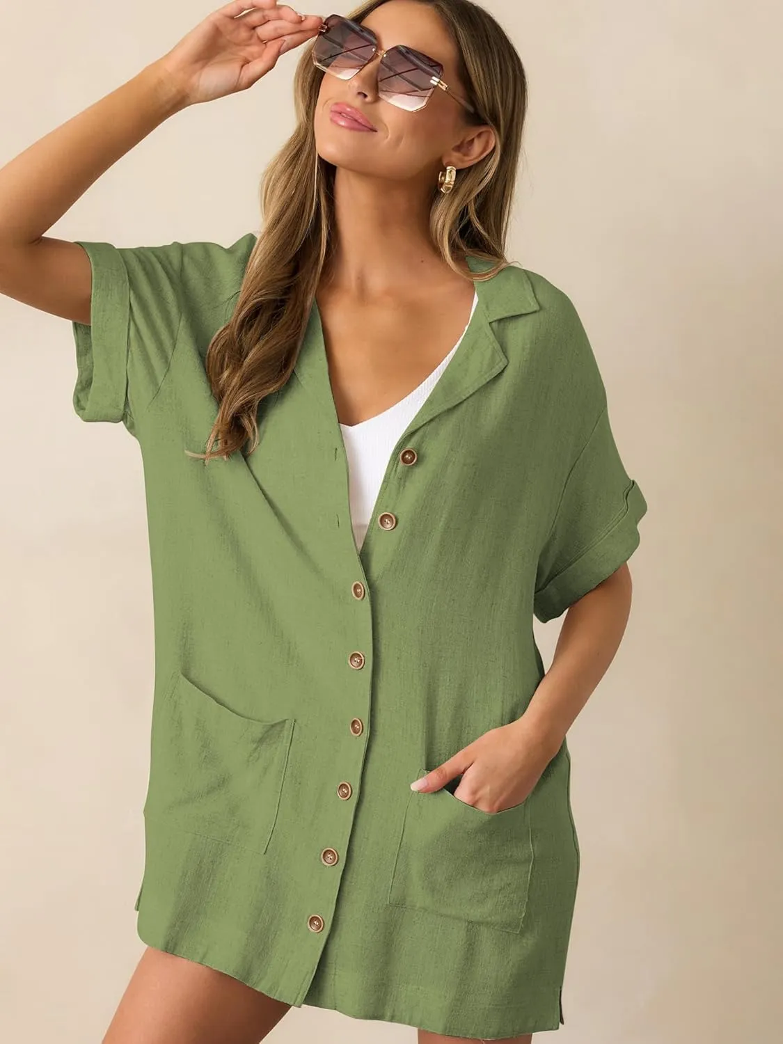 ZAFUL Women's Button Down Cotton Shirt Dress with Pockets, Short Sleeves V-Neck Collar Sundress Summer Break Beach 2025
