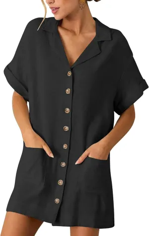 ZAFUL Women's Button Down Cotton Shirt Dress with Pockets, Short Sleeves V-Neck Collar Sundress Summer Break Beach 2025