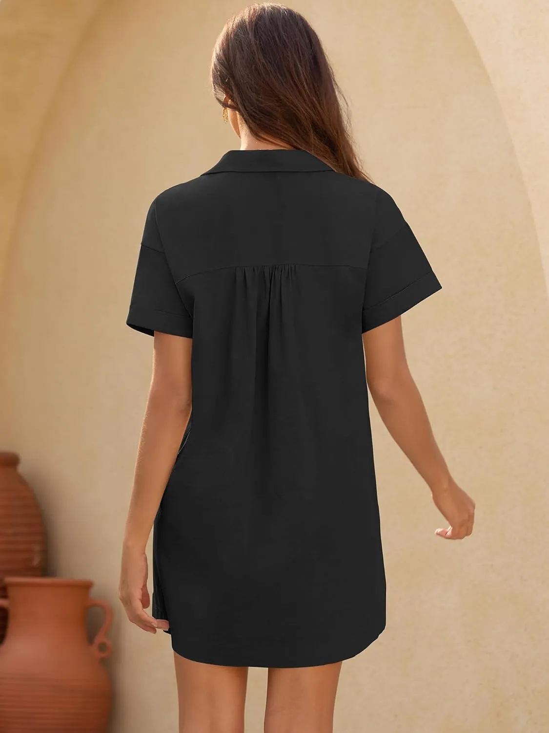 ZAFUL Women's Button Down Cotton Shirt Dress with Pockets, Short Sleeves V-Neck Collar Sundress Summer Break Beach 2025