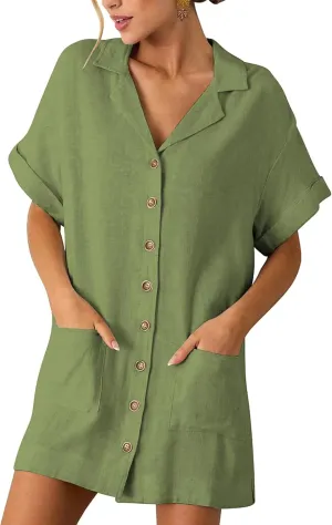 ZAFUL Women's Button Down Cotton Shirt Dress with Pockets, Short Sleeves V-Neck Collar Sundress Summer Break Beach 2025
