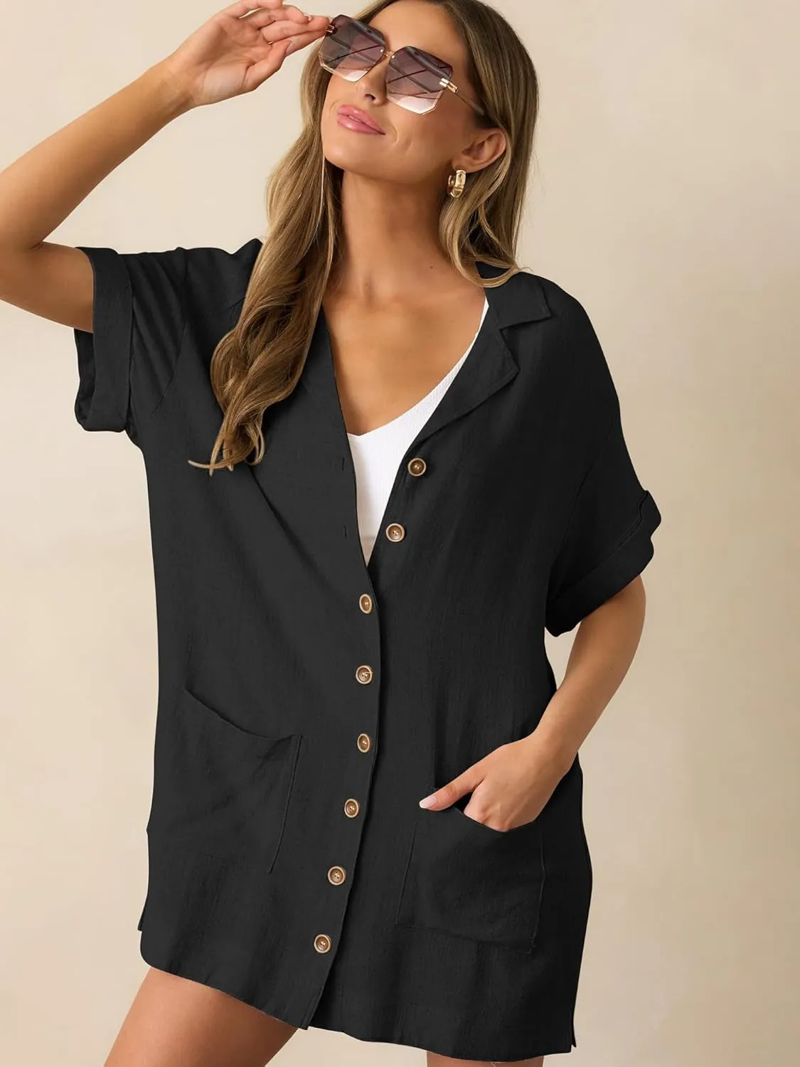 ZAFUL Women's Button Down Cotton Shirt Dress with Pockets, Short Sleeves V-Neck Collar Sundress Summer Break Beach 2025