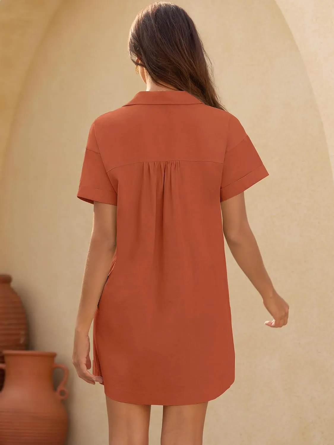 ZAFUL Women's Button Down Cotton Shirt Dress with Pockets, Short Sleeves V-Neck Collar Sundress Summer Break Beach 2025