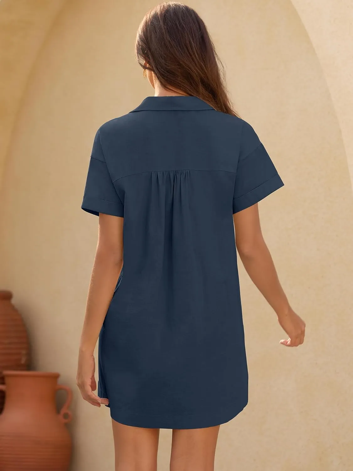 ZAFUL Women's Button Down Cotton Shirt Dress with Pockets, Short Sleeves V-Neck Collar Sundress Summer Break Beach 2025