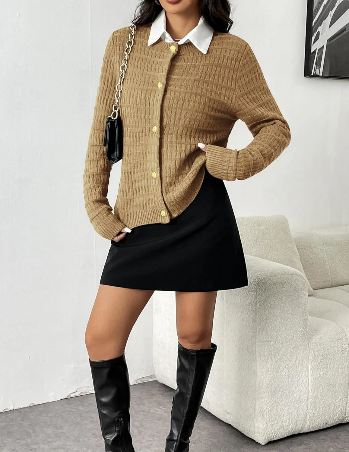 Zeagoo Women's 2025 Cardigan Sweaters Button Down Crew Neck Open Front Long Sleeve Knit Cropped Jackets