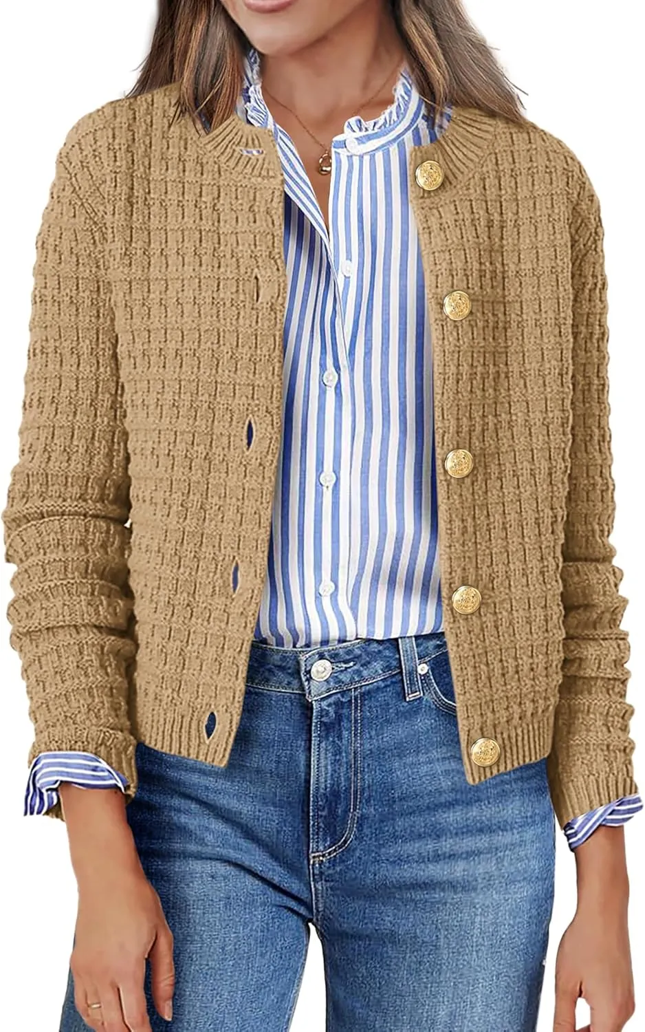 Zeagoo Women's 2025 Cardigan Sweaters Button Down Crew Neck Open Front Long Sleeve Knit Cropped Jackets