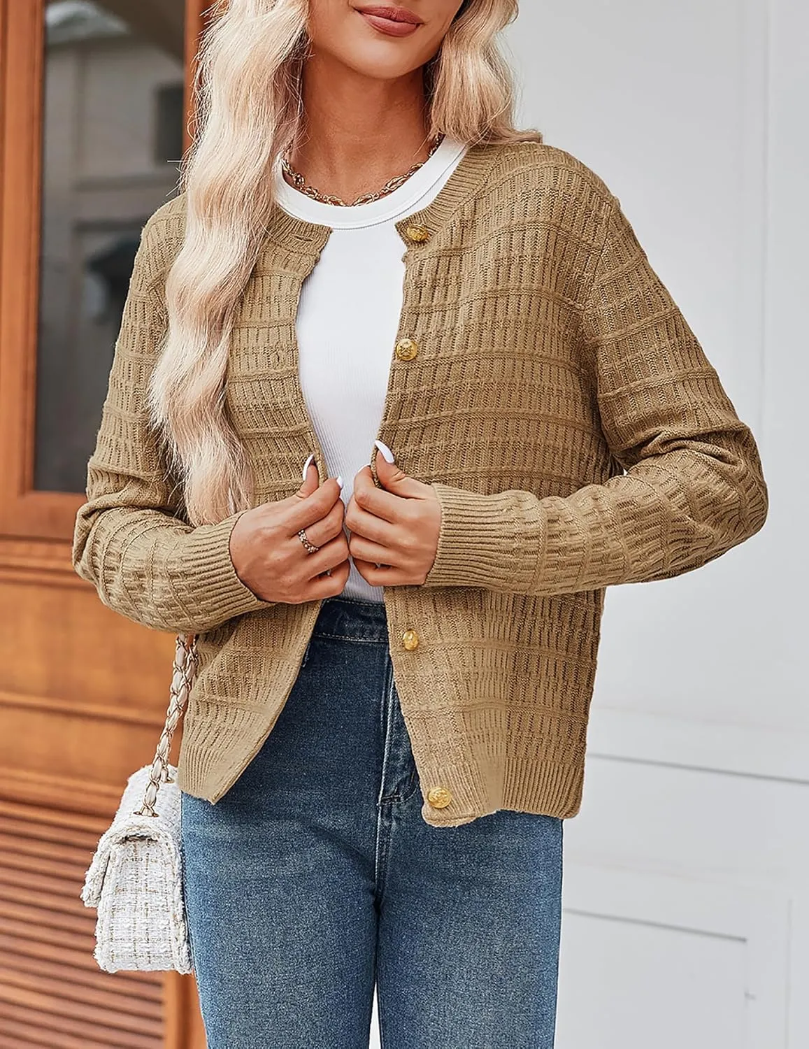 Zeagoo Women's 2025 Cardigan Sweaters Button Down Crew Neck Open Front Long Sleeve Knit Cropped Jackets