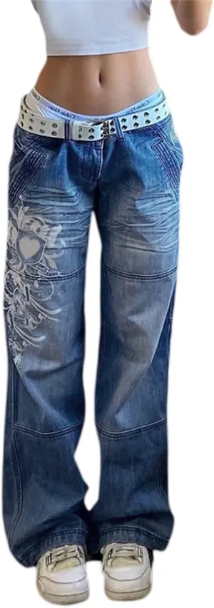 Zempertoopa Womens Y2K Baggy Jeans Wide Leg Straight Grunge Denim Pants High Waist Casual Loose Cargoes Trouser Streetwear