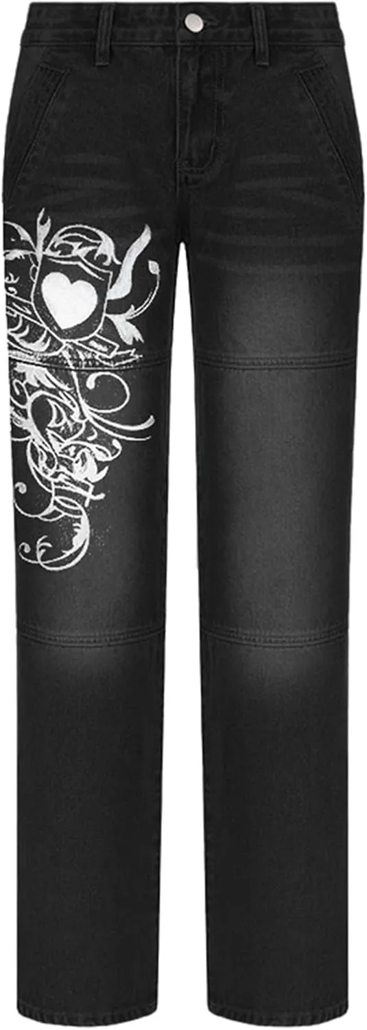 Zempertoopa Womens Y2K Baggy Jeans Wide Leg Straight Grunge Denim Pants High Waist Casual Loose Cargoes Trouser Streetwear