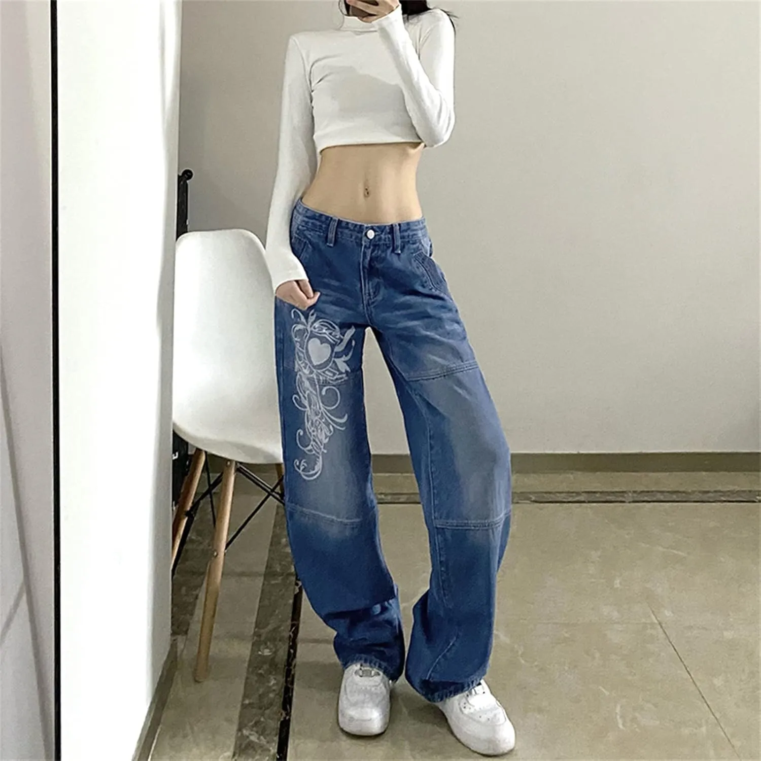 Zempertoopa Womens Y2K Baggy Jeans Wide Leg Straight Grunge Denim Pants High Waist Casual Loose Cargoes Trouser Streetwear