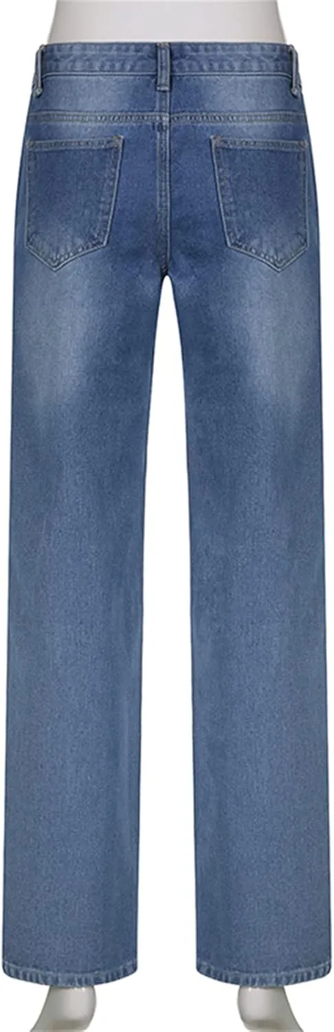 Zempertoopa Womens Y2K Baggy Jeans Wide Leg Straight Grunge Denim Pants High Waist Casual Loose Cargoes Trouser Streetwear