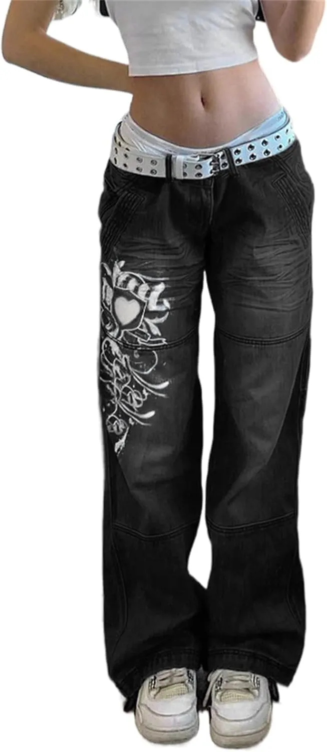 Zempertoopa Womens Y2K Baggy Jeans Wide Leg Straight Grunge Denim Pants High Waist Casual Loose Cargoes Trouser Streetwear