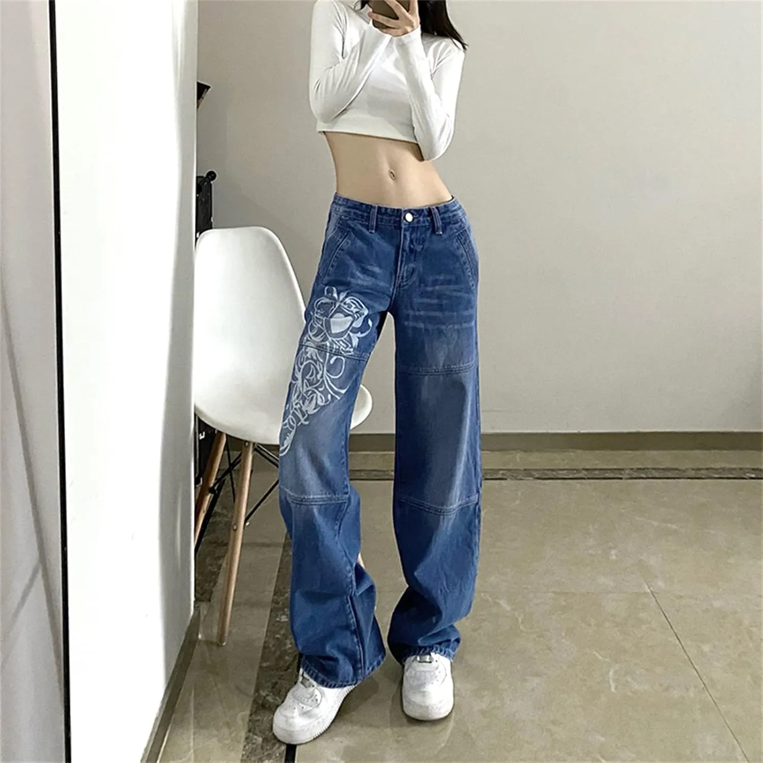 Zempertoopa Womens Y2K Baggy Jeans Wide Leg Straight Grunge Denim Pants High Waist Casual Loose Cargoes Trouser Streetwear