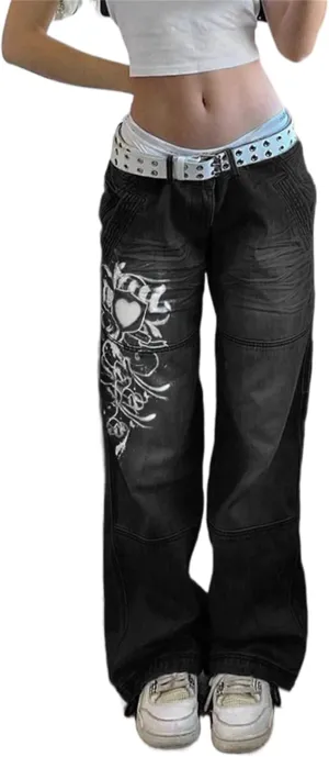 Zempertoopa Womens Y2K Baggy Jeans Wide Leg Straight Grunge Denim Pants High Waist Casual Loose Cargoes Trouser Streetwear