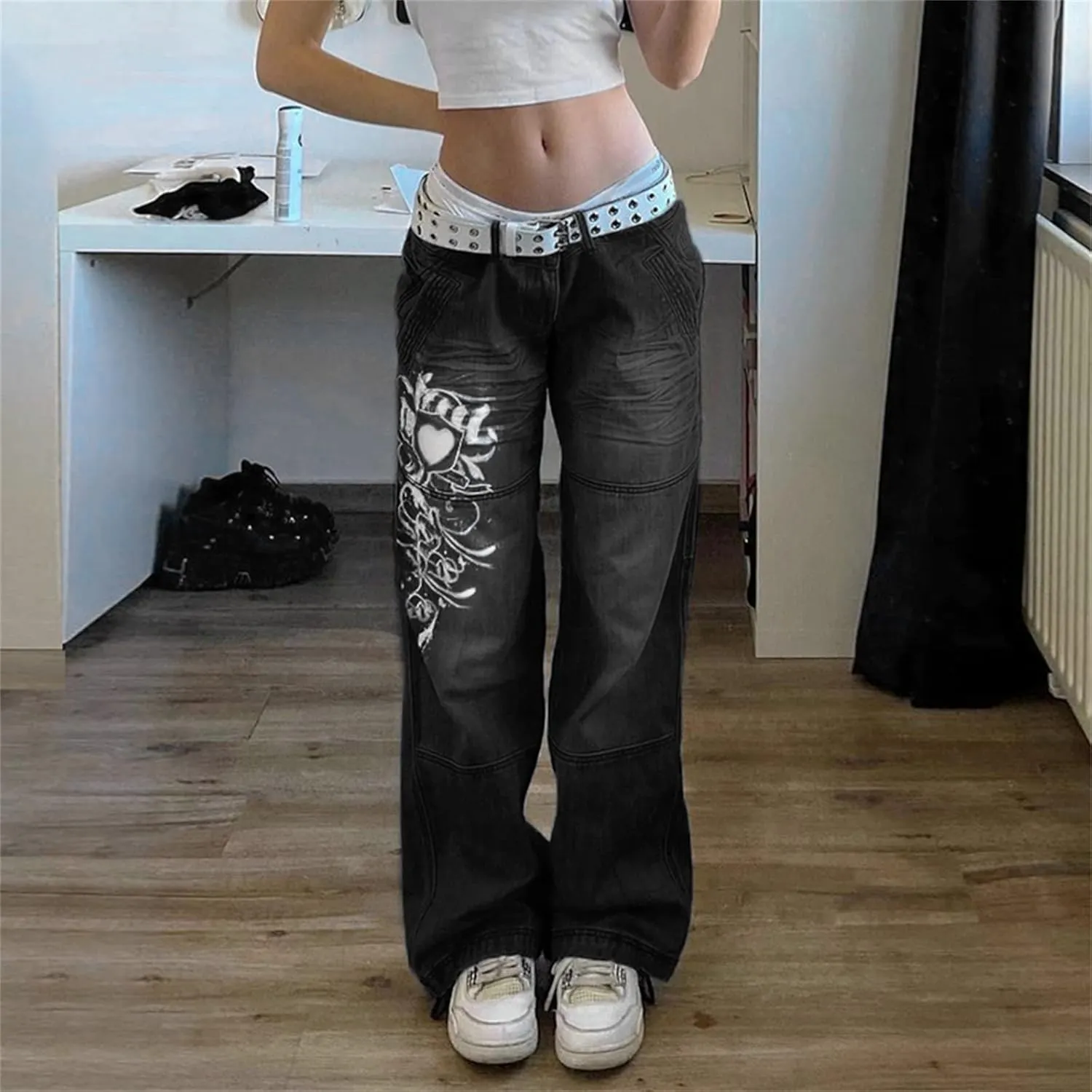 Zempertoopa Womens Y2K Baggy Jeans Wide Leg Straight Grunge Denim Pants High Waist Casual Loose Cargoes Trouser Streetwear