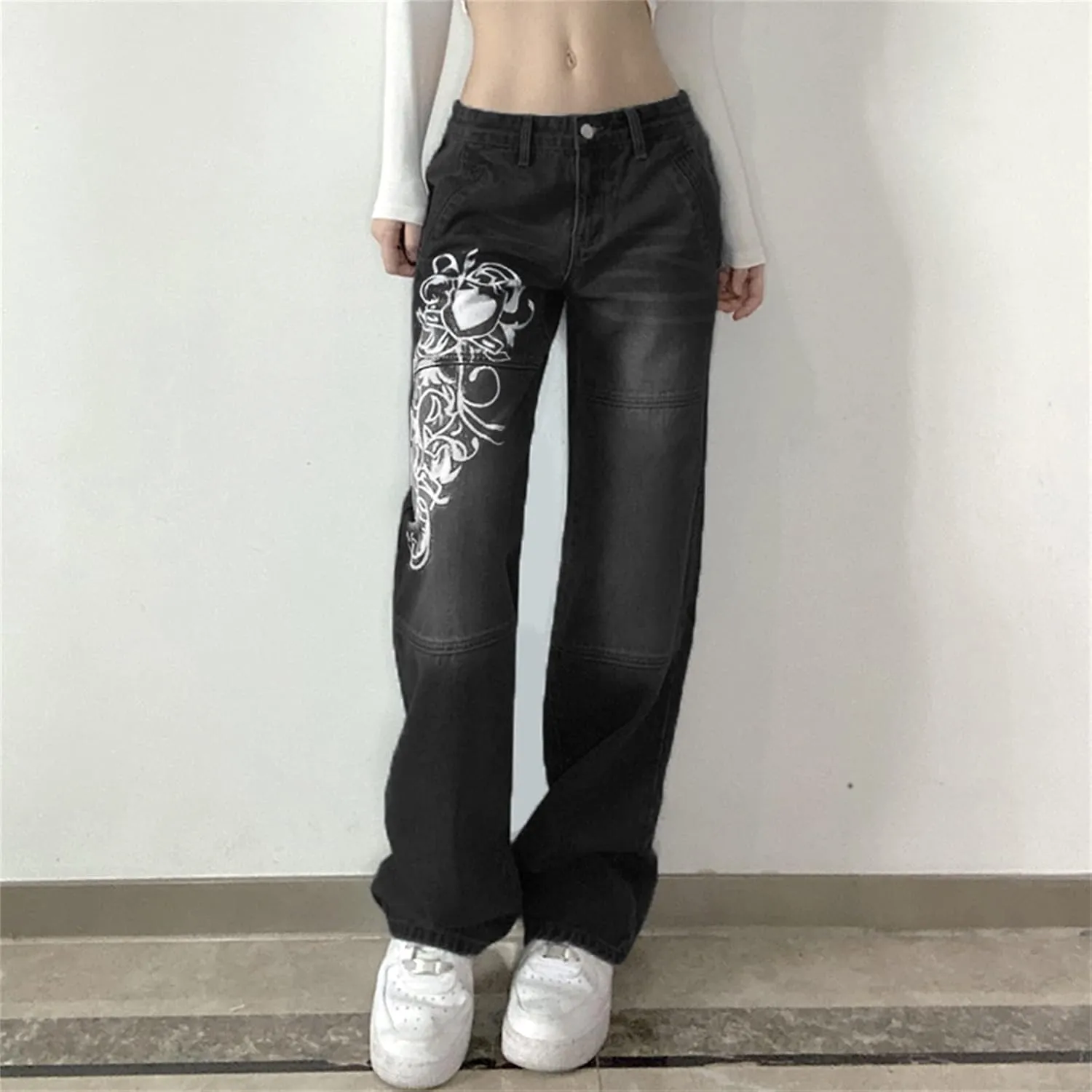Zempertoopa Womens Y2K Baggy Jeans Wide Leg Straight Grunge Denim Pants High Waist Casual Loose Cargoes Trouser Streetwear