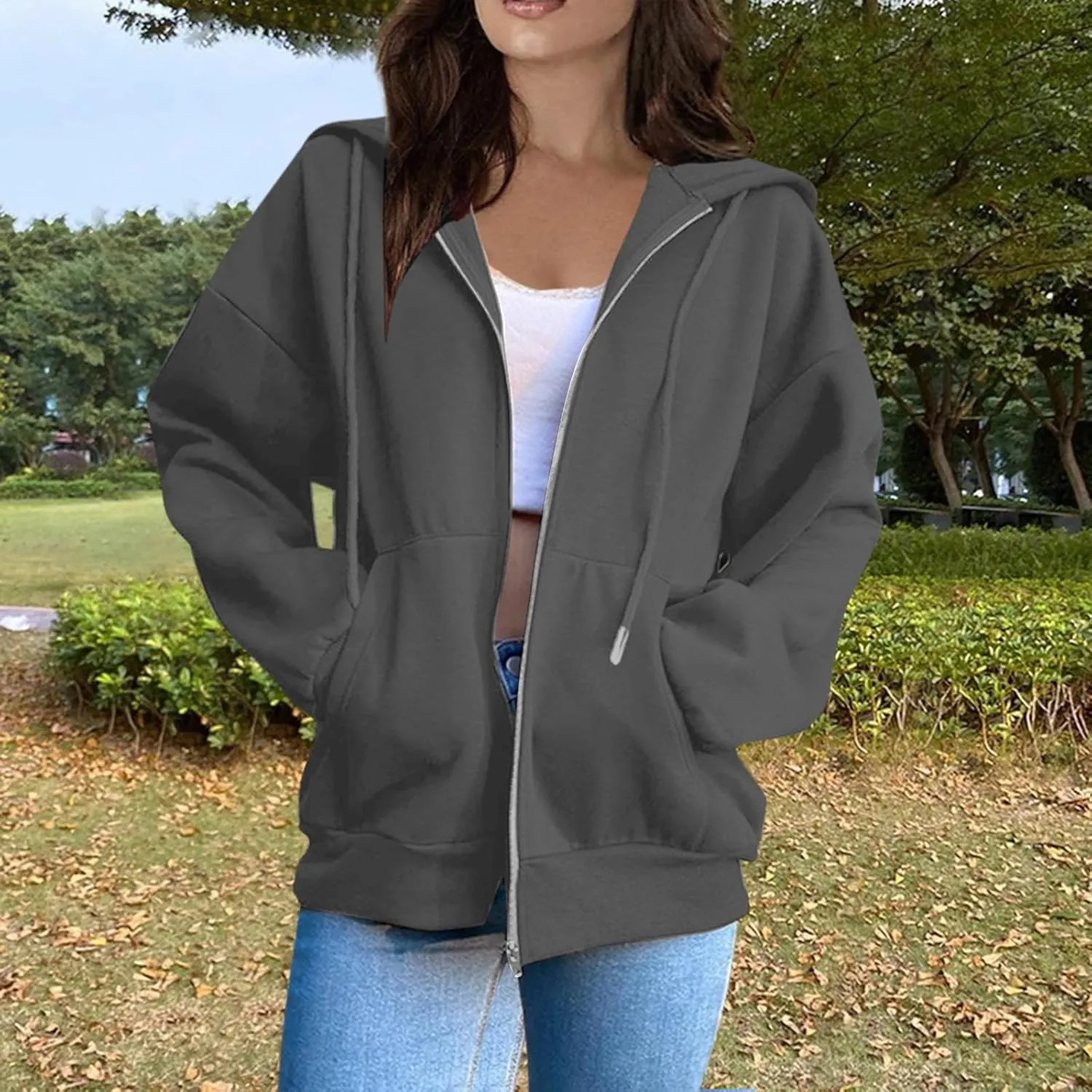 Zip Up Hoodie Women Fall Fashion 2024 Long Sleeve Zip Up Lightweight Sweatshirts Loose Fit Workout Plain Hoodie