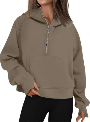Zip Up Hoodie Women Fall Winter Sweatshirt Drop Shoulder Half Zip Pullover Sweaters Long Sleeve Tops With Pocket