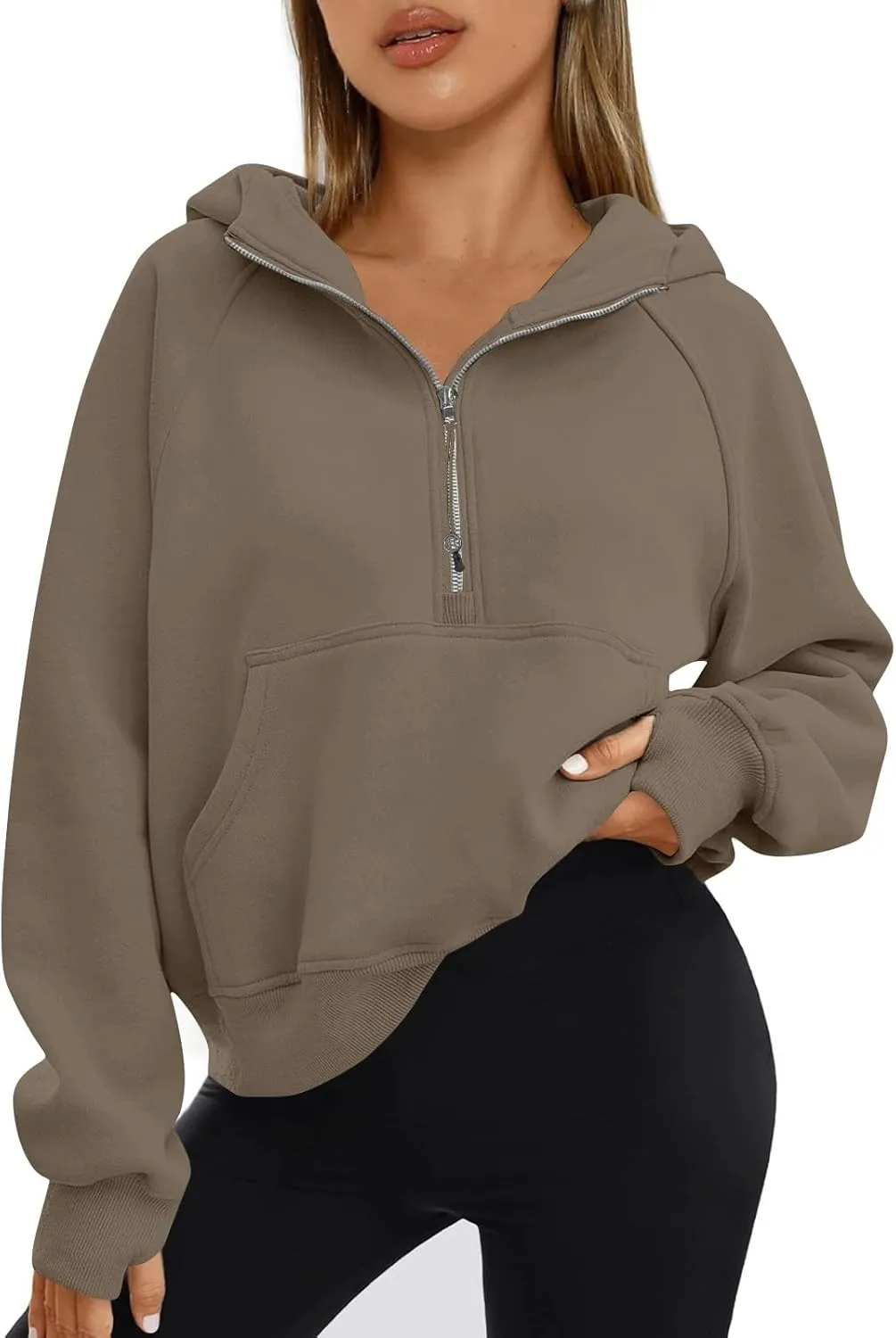 Zip Up Hoodie Women Fall Winter Sweatshirt Drop Shoulder Half Zip Pullover Sweaters Long Sleeve Tops With Pocket