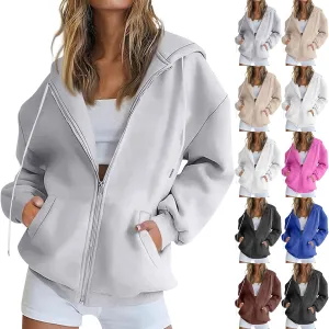 Zip Up Hoodie Women Fleece Oversized Sweatshirt Hoodies Casual Drawstring Hooded Sports Sweat Jackets with Pockets