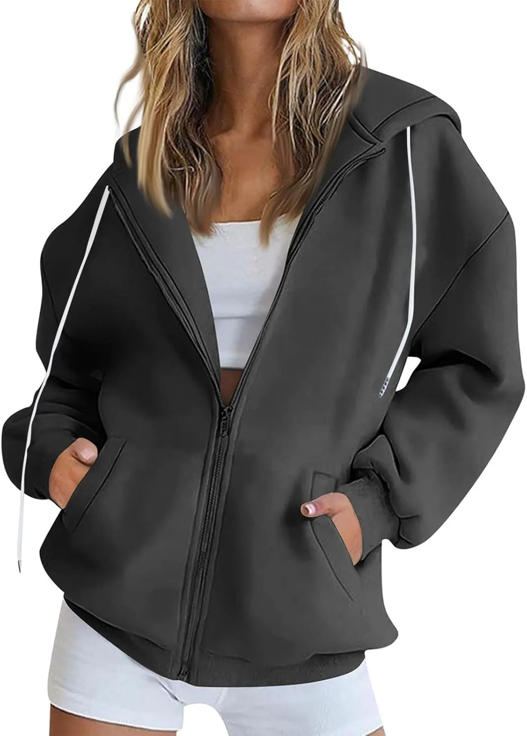 Zip Up Hoodie Women Fleece Oversized Sweatshirt Hoodies Casual Drawstring Hooded Sports Sweat Jackets with Pockets