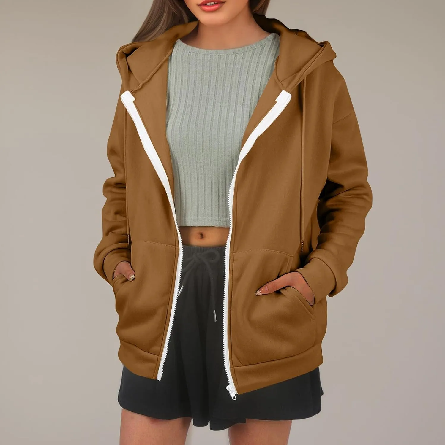 Zip Up Hoodie Women Lightweight Fleece Zip Up Jacket Casual Drawstring Plain Oversized Hooded Sweatshirt with Pockets